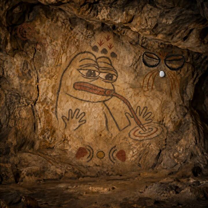 The same wall after five Pepes: the first Pepe, ripples, stones, an eye above