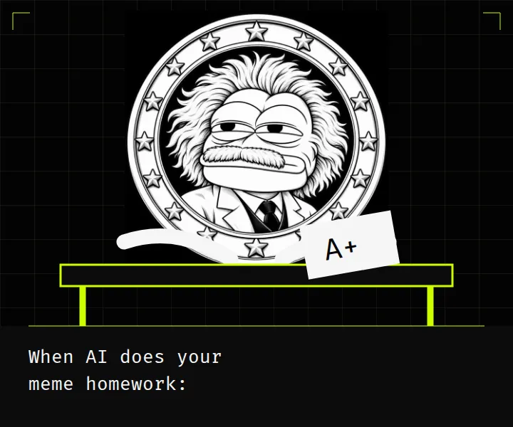 The coin sits at a neon desk with folded arms and an A+ test paper