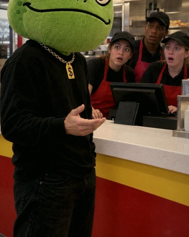 Someone in a toad head ordering at a burger counter