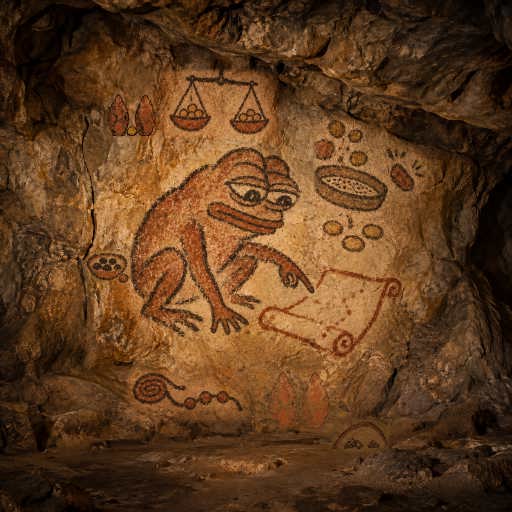 Pepe Shelters the Provision: Pepe shelters two heaps of provision beneath an ochre arch.